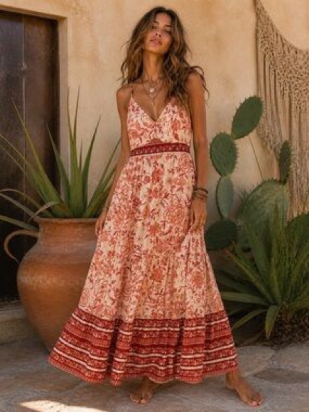 Rachel Zoe Floral Maxi Dress in Cream and Rust Red